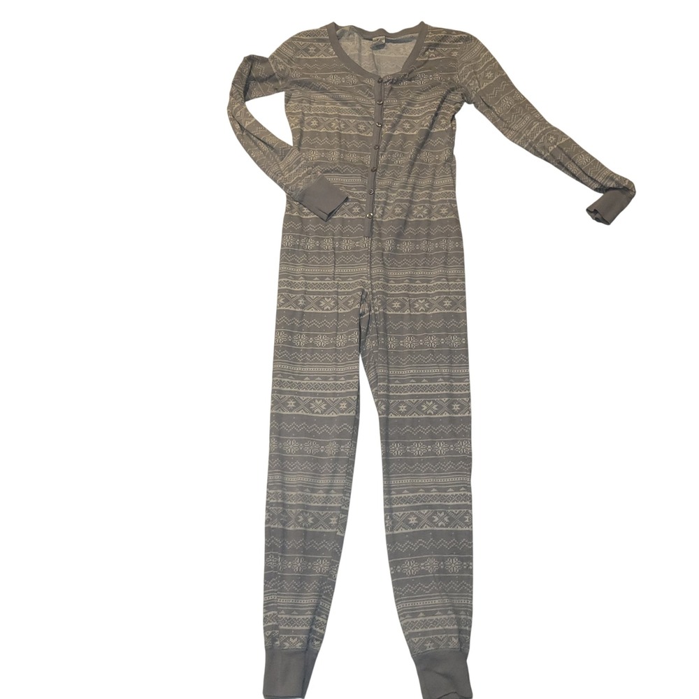 Full Tilt Dream Grey Snowflake Fair Isle Print Footless Pajama Jumpsuit XS comfy